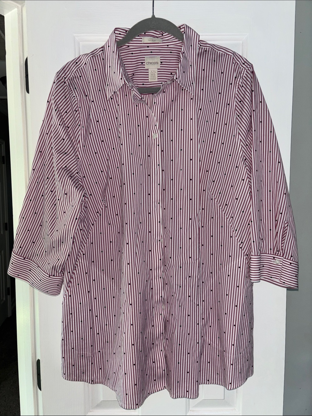Chico's Pink and Black Pinstripe Button-Up Shirt